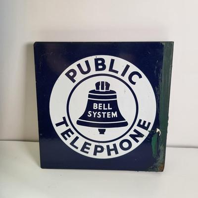 LOT 136: Vintage Blue Enamel Metal Bell System Public Telephone Wall Sign
