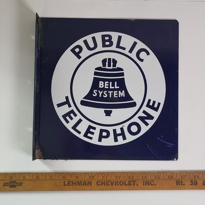 LOT 136: Vintage Blue Enamel Metal Bell System Public Telephone Wall Sign