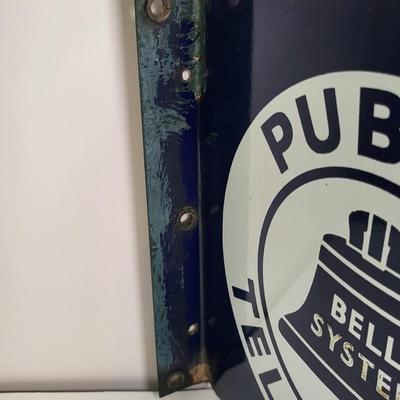 LOT 136: Vintage Blue Enamel Metal Bell System Public Telephone Wall Sign