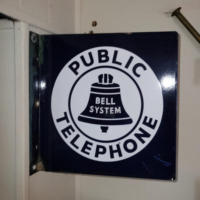 LOT 136: Vintage Blue Enamel Metal Bell System Public Telephone Wall Sign