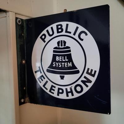 LOT 136: Vintage Blue Enamel Metal Bell System Public Telephone Wall Sign