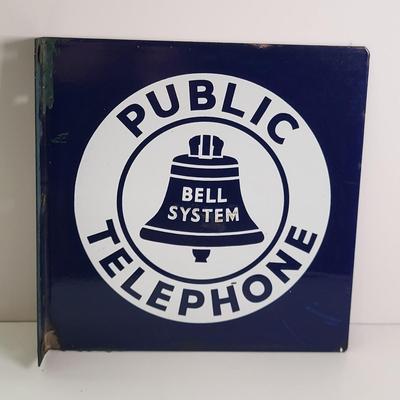 LOT 136: Vintage Blue Enamel Metal Bell System Public Telephone Wall Sign