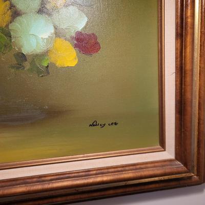 LOT 148: Framed Flowers & Vase Still-Life Oil Painting by Nancy Lee