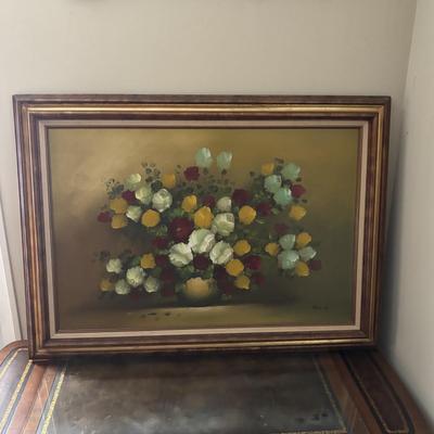 LOT 148: Framed Flowers & Vase Still-Life Oil Painting by Nancy Lee