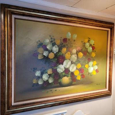 LOT 148: Framed Flowers & Vase Still-Life Oil Painting by Nancy Lee