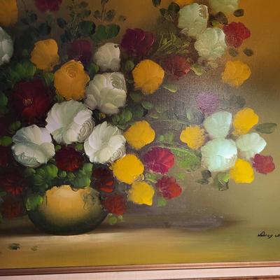 LOT 148: Framed Flowers & Vase Still-Life Oil Painting by Nancy Lee