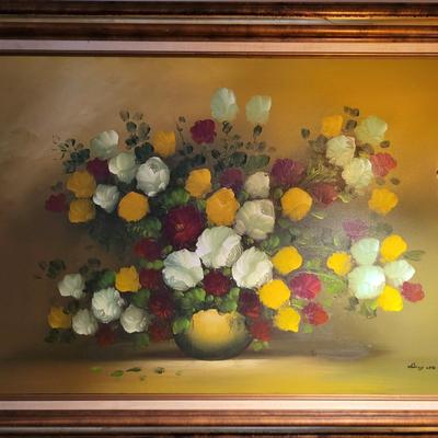 LOT 148: Framed Flowers & Vase Still-Life Oil Painting by Nancy Lee