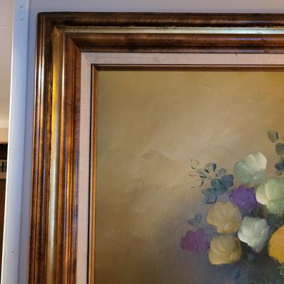 LOT 148: Framed Flowers & Vase Still-Life Oil Painting by Nancy Lee