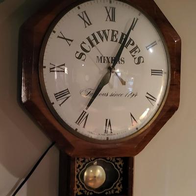LOT 149: Vintage Schweppes Mixers Wooden Electric Pendulum Clock
