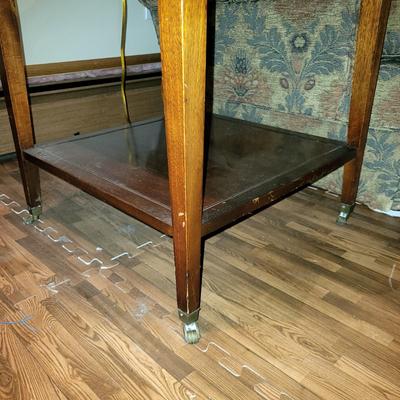 LOT 151: Matching Pair of Square and Drum Style End Tables with Table Lamp