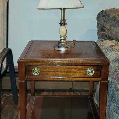LOT 151: Matching Pair of Square and Drum Style End Tables with Table Lamp