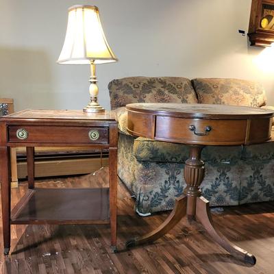 LOT 151: Matching Pair of Square and Drum Style End Tables with Table Lamp