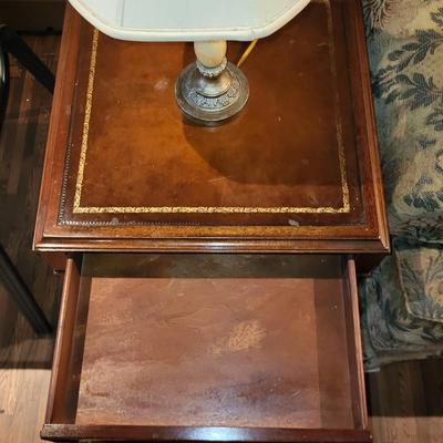 LOT 151: Matching Pair of Square and Drum Style End Tables with Table Lamp