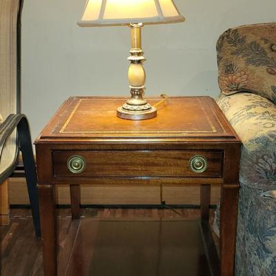 LOT 151: Matching Pair of Square and Drum Style End Tables with Table Lamp