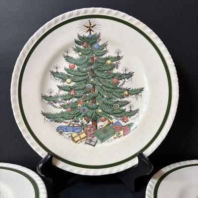 LOT 154: Vintage Bertson House New York Christmas Tree Plates 8” Set of 4, Lenox "Winter Greetings" Votive Candle Holders:...