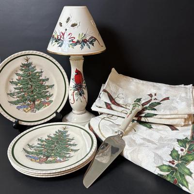 LOT 154: Vintage Bertson House New York Christmas Tree Plates 8” Set of 4, Lenox "Winter Greetings" Votive Candle Holders:...