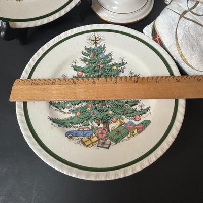 LOT 154: Vintage Bertson House New York Christmas Tree Plates 8” Set of 4, Lenox "Winter Greetings" Votive Candle Holders:...