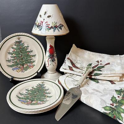 LOT 154: Vintage Bertson House New York Christmas Tree Plates 8” Set of 4, Lenox "Winter Greetings" Votive Candle Holders:...