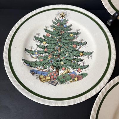 LOT 154: Vintage Bertson House New York Christmas Tree Plates 8” Set of 4, Lenox "Winter Greetings" Votive Candle Holders:...