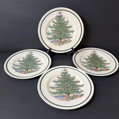 LOT 154: Vintage Bertson House New York Christmas Tree Plates 8” Set of 4, Lenox "Winter Greetings" Votive Candle Holders:...