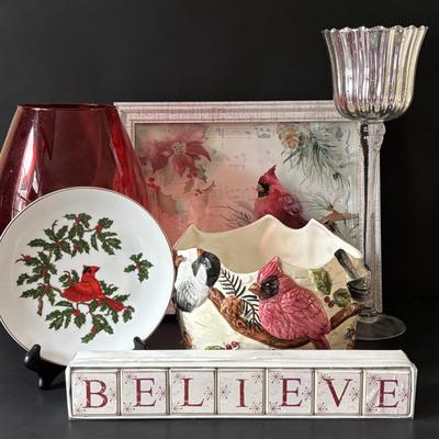 LOT 157: Believe Blocks, Cardinal Wall Art, Lefton Plate, St Nicholas Square 1999 Cardinal Bowl & More