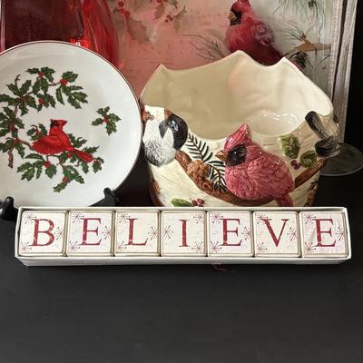 LOT 157: Believe Blocks, Cardinal Wall Art, Lefton Plate, St Nicholas Square 1999 Cardinal Bowl & More