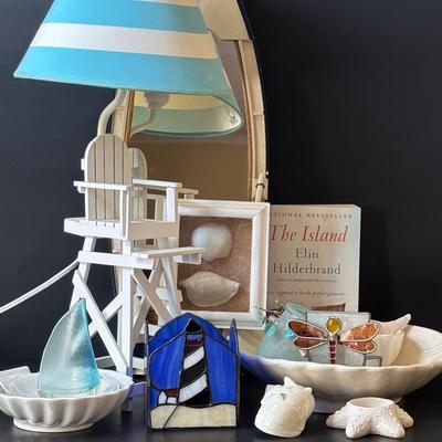 LOT 158: At the Beach Collection: Lifeguard Chair Accent Lamp, Staine Glass Candle Holder Scalloped Shell Chip n Dip Bowl & More