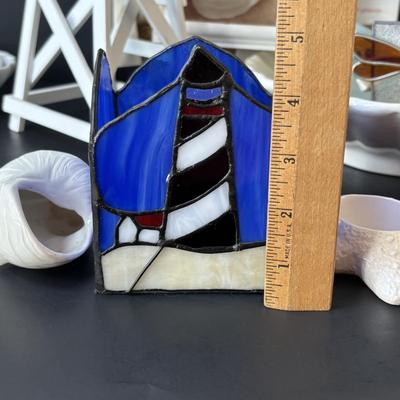 LOT 158: At the Beach Collection: Lifeguard Chair Accent Lamp, Staine Glass Candle Holder Scalloped Shell Chip n Dip Bowl & More