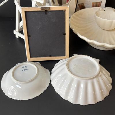 LOT 158: At the Beach Collection: Lifeguard Chair Accent Lamp, Staine Glass Candle Holder Scalloped Shell Chip n Dip Bowl & More