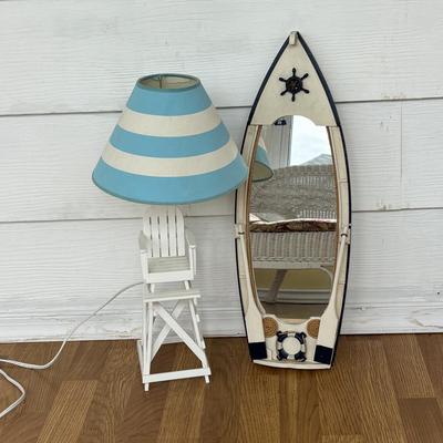 LOT 158: At the Beach Collection: Lifeguard Chair Accent Lamp, Staine Glass Candle Holder Scalloped Shell Chip n Dip Bowl & More