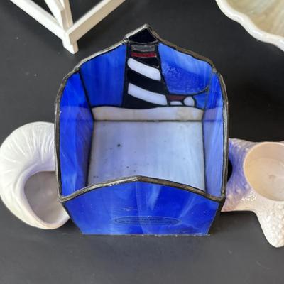 LOT 158: At the Beach Collection: Lifeguard Chair Accent Lamp, Staine Glass Candle Holder Scalloped Shell Chip n Dip Bowl & More