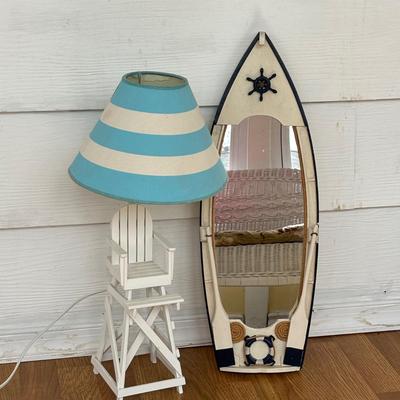 LOT 158: At the Beach Collection: Lifeguard Chair Accent Lamp, Staine Glass Candle Holder Scalloped Shell Chip n Dip Bowl & More