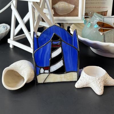 LOT 158: At the Beach Collection: Lifeguard Chair Accent Lamp, Staine Glass Candle Holder Scalloped Shell Chip n Dip Bowl & More