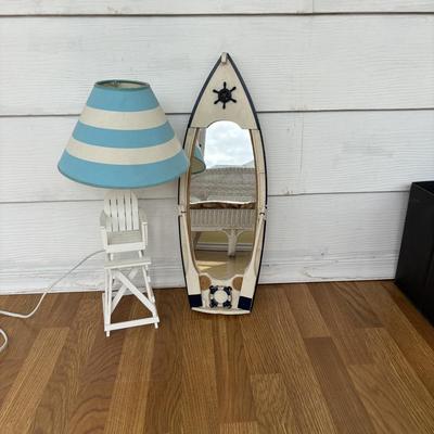 LOT 158: At the Beach Collection: Lifeguard Chair Accent Lamp, Staine Glass Candle Holder Scalloped Shell Chip n Dip Bowl & More