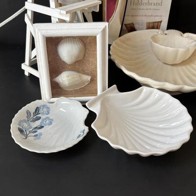 LOT 158: At the Beach Collection: Lifeguard Chair Accent Lamp, Staine Glass Candle Holder Scalloped Shell Chip n Dip Bowl & More