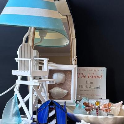 LOT 158: At the Beach Collection: Lifeguard Chair Accent Lamp, Staine Glass Candle Holder Scalloped Shell Chip n Dip Bowl & More
