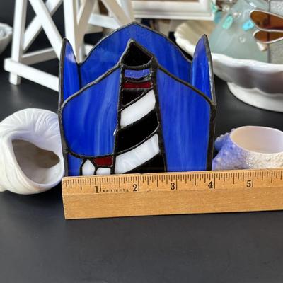 LOT 158: At the Beach Collection: Lifeguard Chair Accent Lamp, Staine Glass Candle Holder Scalloped Shell Chip n Dip Bowl & More