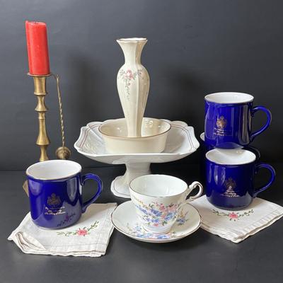 LOT 160: Lenox, Brass Pillar Candle Holder w/Snuffer, Gevalia Kaffe Mugs, Regency Floral Teacup & More