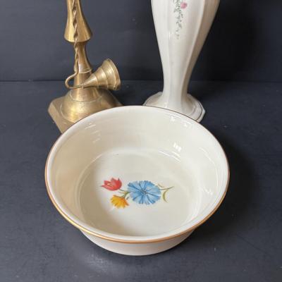 LOT 160: Lenox, Brass Pillar Candle Holder w/Snuffer, Gevalia Kaffe Mugs, Regency Floral Teacup & More