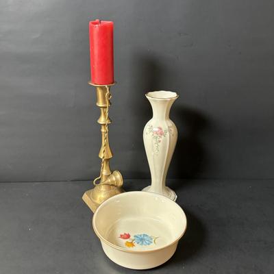 LOT 160: Lenox, Brass Pillar Candle Holder w/Snuffer, Gevalia Kaffe Mugs, Regency Floral Teacup & More