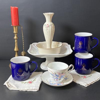 LOT 160: Lenox, Brass Pillar Candle Holder w/Snuffer, Gevalia Kaffe Mugs, Regency Floral Teacup & More