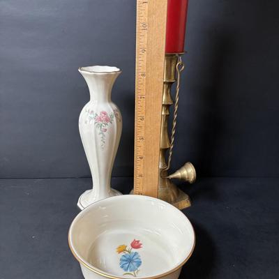 LOT 160: Lenox, Brass Pillar Candle Holder w/Snuffer, Gevalia Kaffe Mugs, Regency Floral Teacup & More
