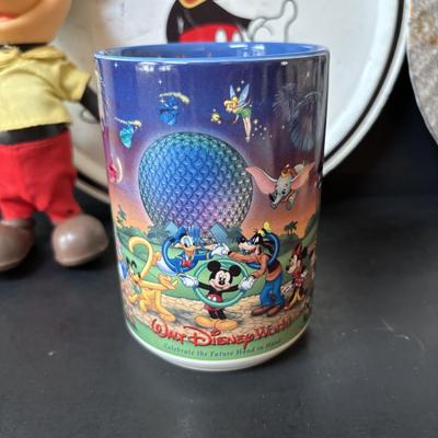 LOT 162: Lassie Melmac Dinnerware Plate, Walt Disney Productions Mickey Mouse & Pinocchio Dolls, Disney Hats, Mug, Ornaments & More