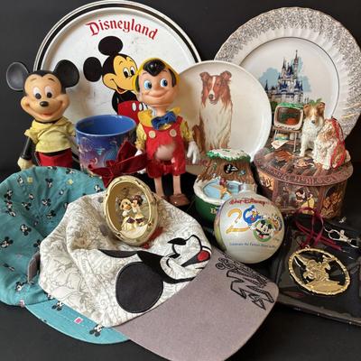 LOT 162: Lassie Melmac Dinnerware Plate, Walt Disney Productions Mickey Mouse & Pinocchio Dolls, Disney Hats, Mug, Ornaments & More
