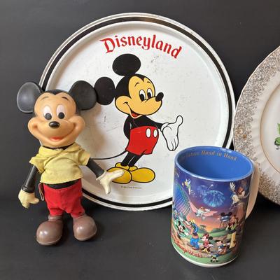 LOT 162: Lassie Melmac Dinnerware Plate, Walt Disney Productions Mickey Mouse & Pinocchio Dolls, Disney Hats, Mug, Ornaments & More