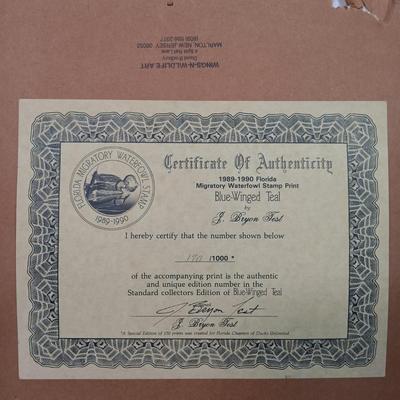 LOT 168: Signed and Numbered Florida Migratory Water Fowl Stamp Print and Stamp in Frame