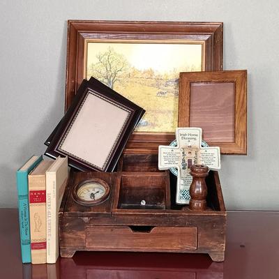 LOT 171: Wood Desk Organizer with Framed Art, Picture Frames & More