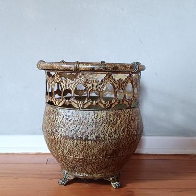 LOT 175: Metal and Pottery Plant Containers with Brass Plant Stand