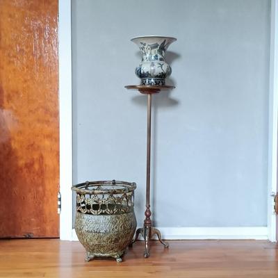 LOT 175: Metal and Pottery Plant Containers with Brass Plant Stand