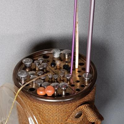 LOT 179: Crafting Collection- Knitting Needle Holder, Sewing Notions, Fabric Remnants & More